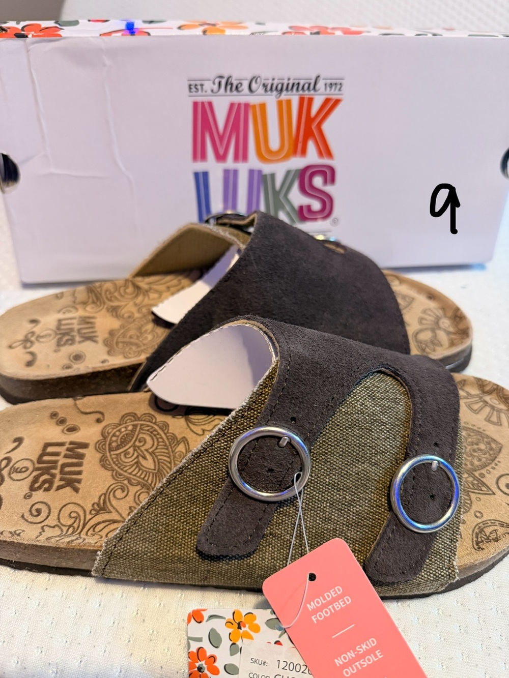 Muk Luks Olive and Charcoal Slide Sandals with Buckles